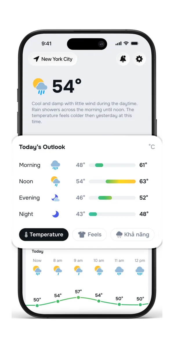 The Ora Weather Today view with a morning summary, on iPhone