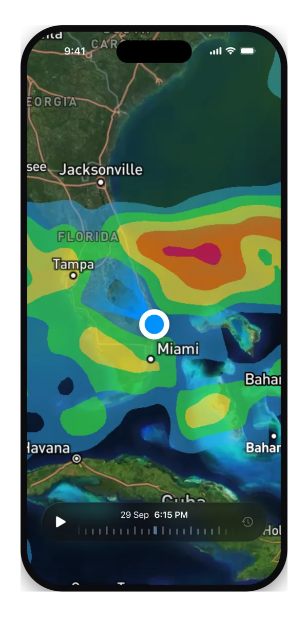 Ora Weather precision radar showing live precipitation over the coast, on iPhone