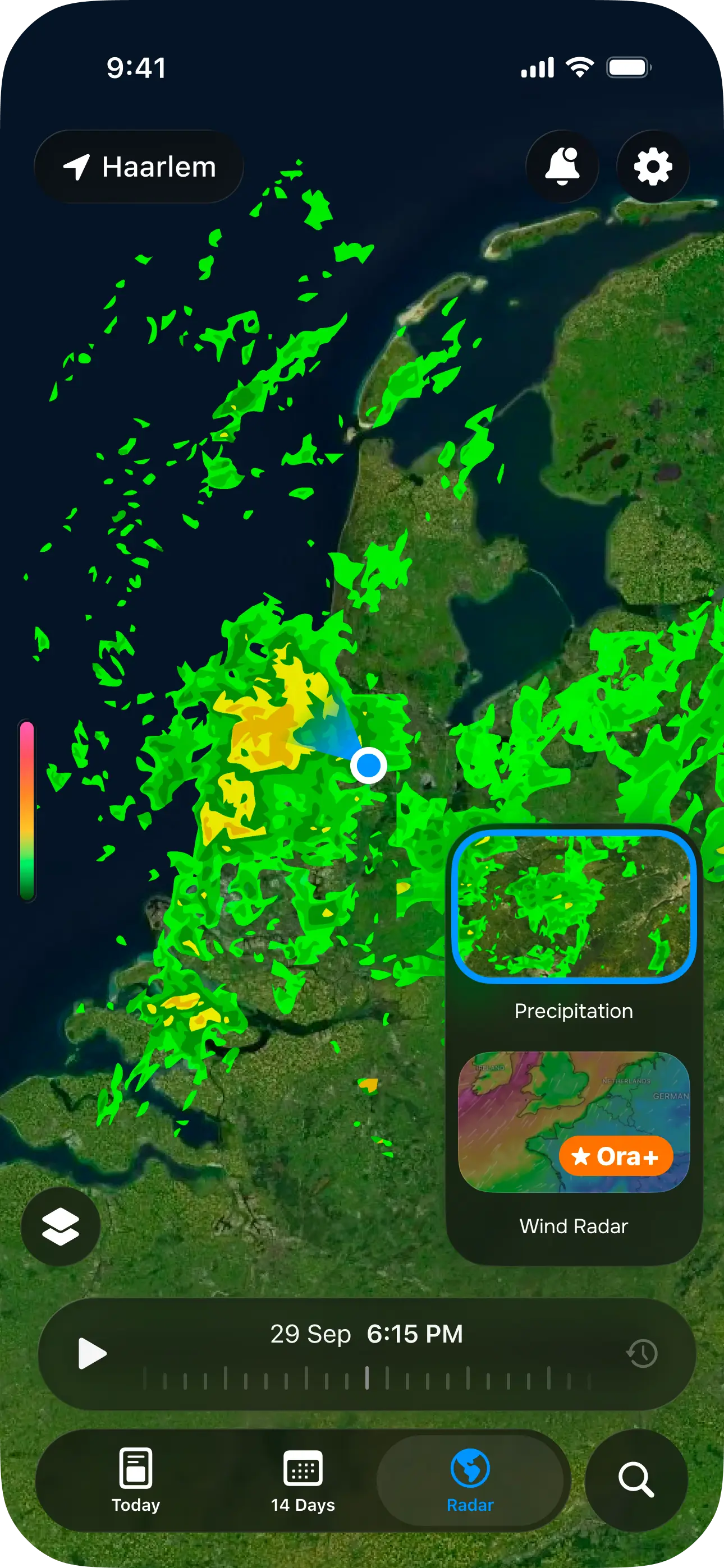 Ora Weather precision radar — minute-by-minute precipitation across your area