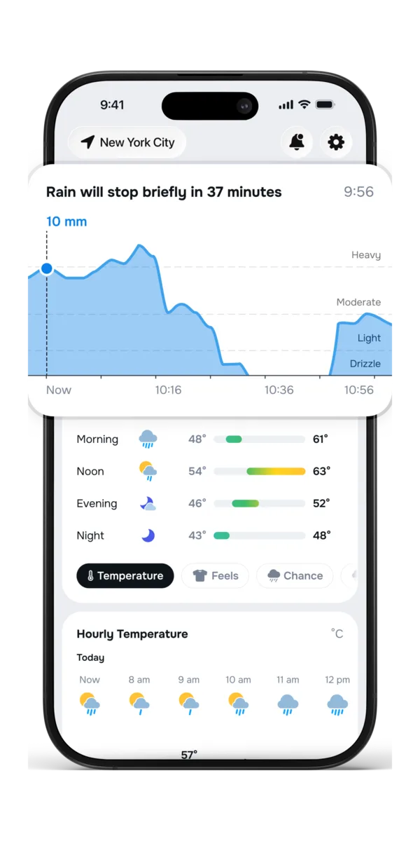 Ora Weather rain-timing view showing when rain starts and stops, on iPhone