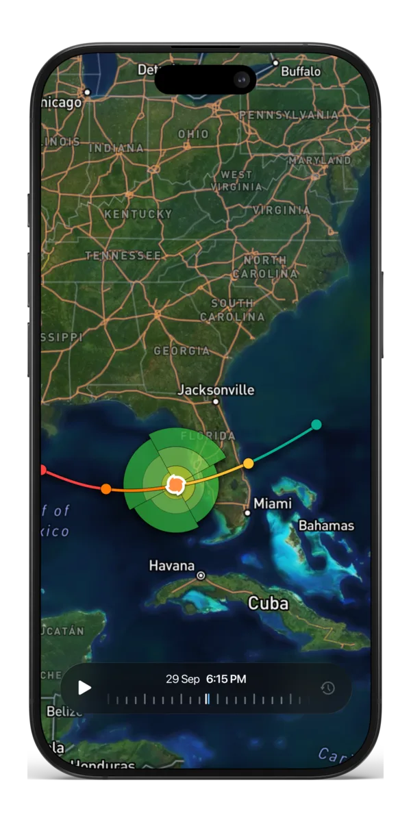 Ora Weather hurricane tracker showing a storm’s path and the all-clear, on iPhone